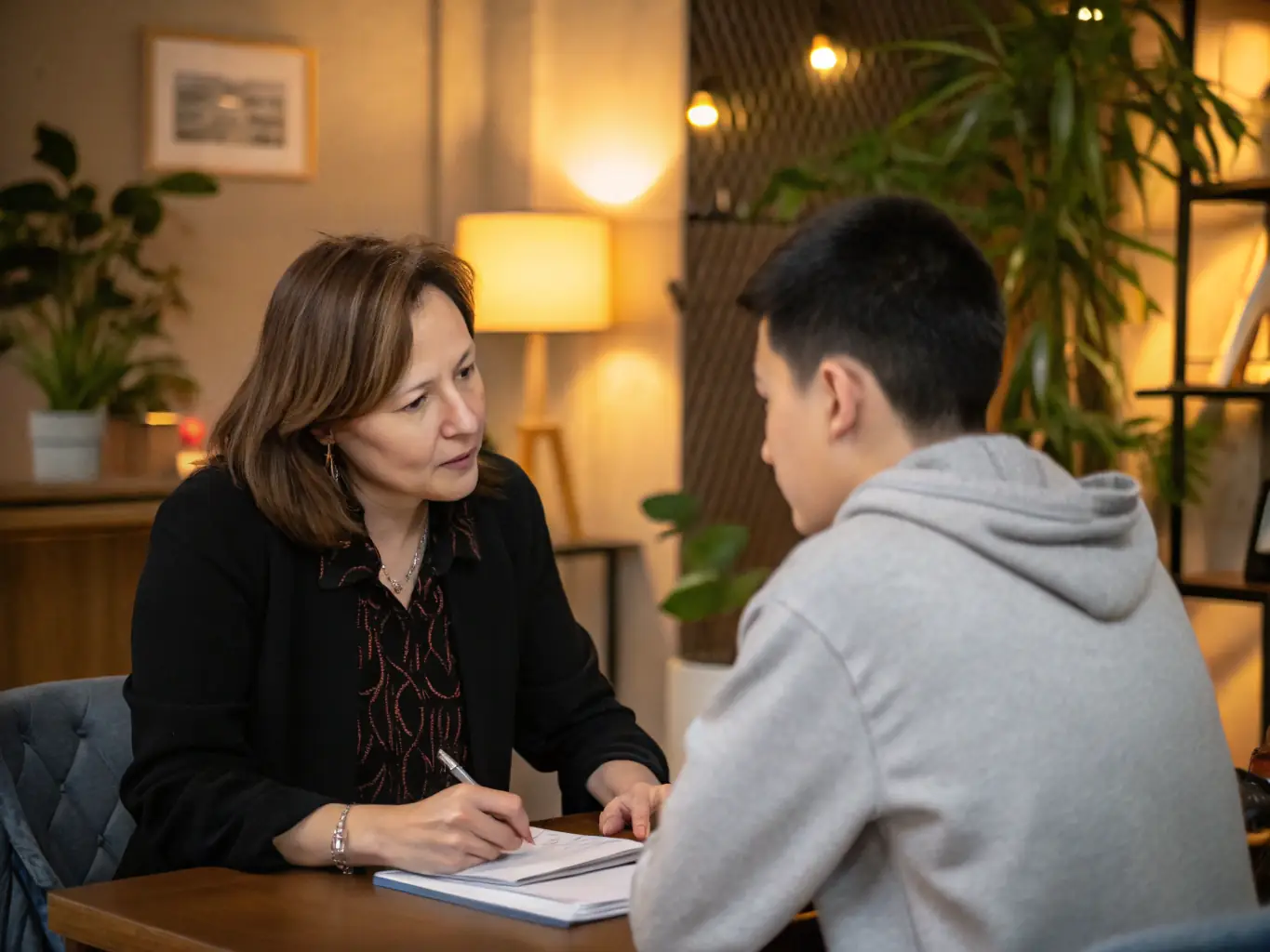 A caring social worker is shown in a brightly lit office, engaging in a supportive conversation with a young person. The atmosphere is warm and encouraging, reflecting the personalized care provided by Best Friend Zorgcentrum.
