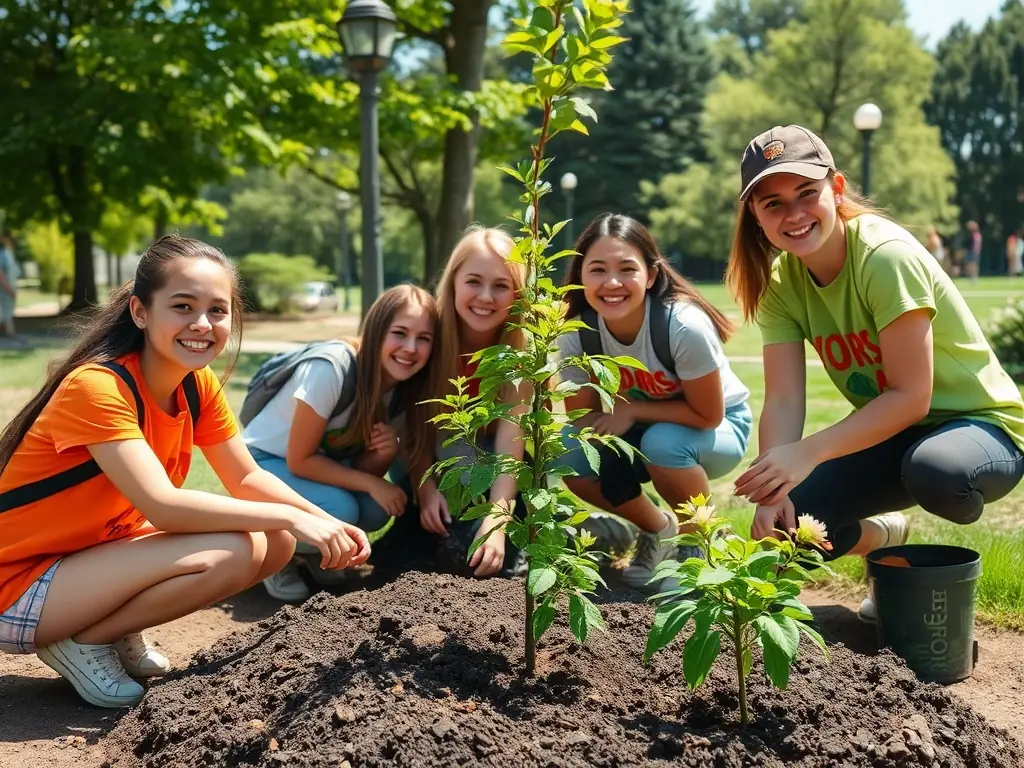 A young person is shown participating in a community outreach program, planting trees with other volunteers. The image reflects the center's commitment to social responsibility and community engagement.