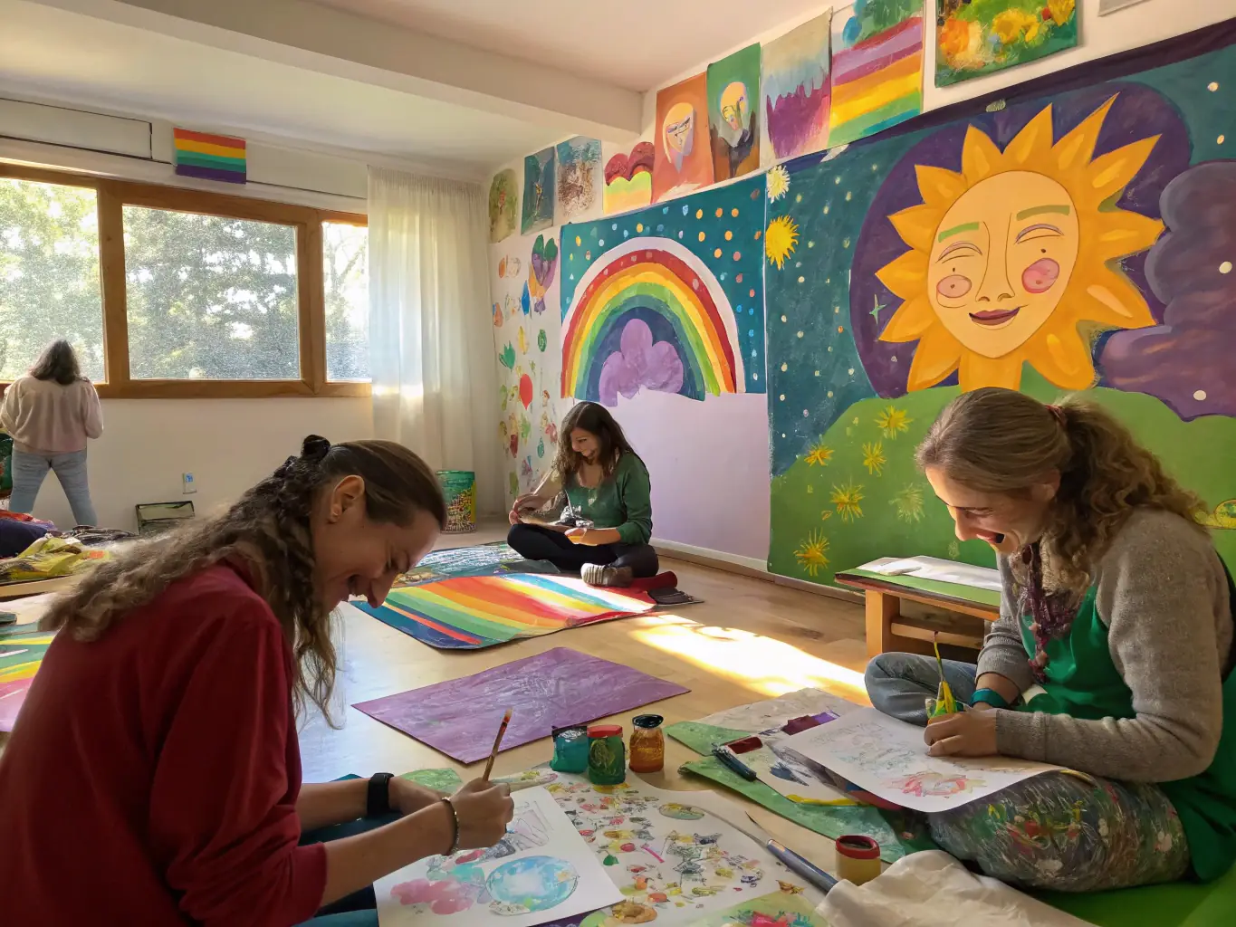 A group of young people are participating in a creative arts therapy session, guided by a therapist. The scene is vibrant and engaging, highlighting the innovative approaches used by Best Friend Zorgcentrum.